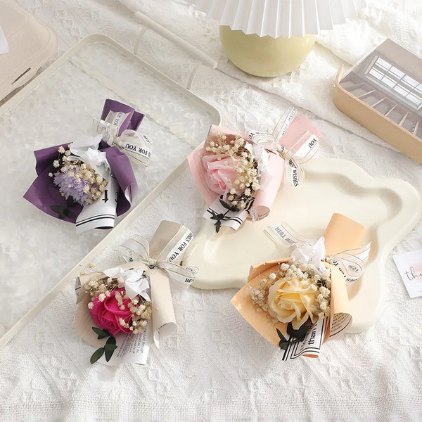 Rose Carnation Preserved Flower Mini Bouquet Soap 2024 Decor Set Supplies Saint Valentines Gift for Mothers Day Her Women