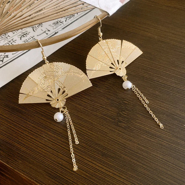 New Chinese Style Fan Bamboo Pendent Round Beaded Long Tassel Dangle Earrings for Women National Tide Premium Jewelry Gift 2024