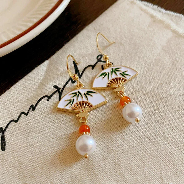 New Chinese Style Fan Bamboo Pendent Round Beaded Long Tassel Dangle Earrings for Women National Tide Premium Jewelry Gift 2024