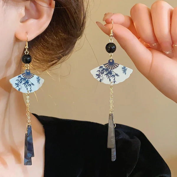 New Chinese Style Fan Bamboo Pendent Round Beaded Long Tassel Dangle Earrings for Women National Tide Premium Jewelry Gift 2024