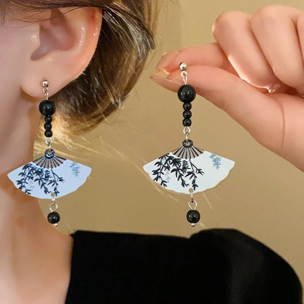 New Chinese Style Fan Bamboo Pendent Round Beaded Long Tassel Dangle Earrings for Women National Tide Premium Jewelry Gift 2024