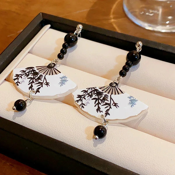 New Chinese Style Fan Bamboo Pendent Round Beaded Long Tassel Dangle Earrings for Women National Tide Premium Jewelry Gift 2024