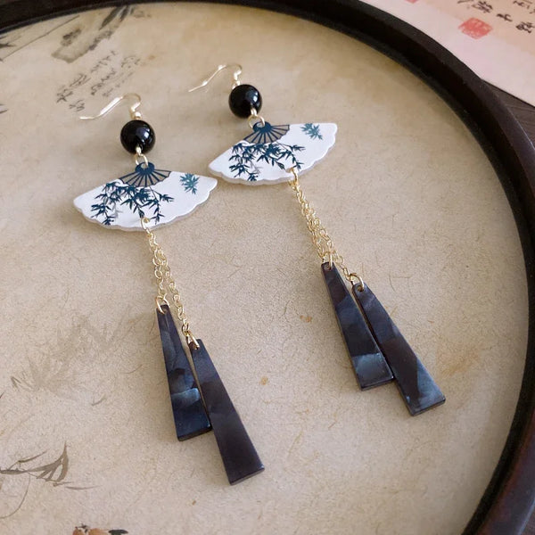 New Chinese Style Fan Bamboo Pendent Round Beaded Long Tassel Dangle Earrings for Women National Tide Premium Jewelry Gift 2024
