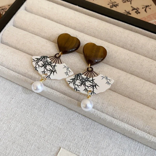 New Chinese Style Fan Bamboo Pendent Round Beaded Long Tassel Dangle Earrings for Women National Tide Premium Jewelry Gift 2024