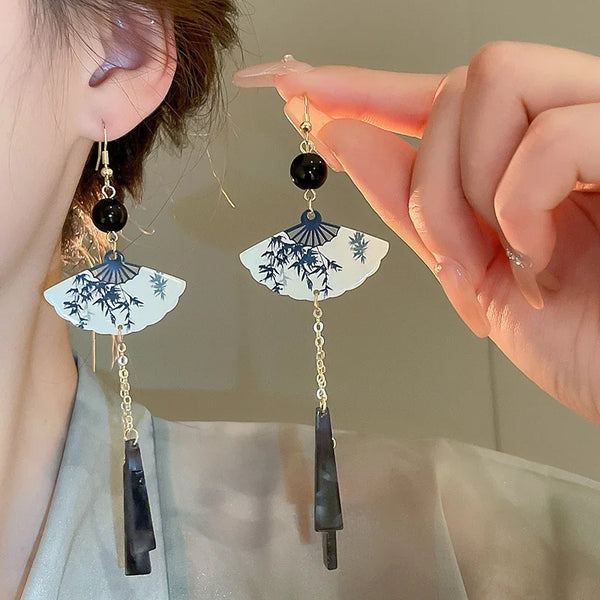 New Chinese Style Fan Bamboo Pendent Round Beaded Long Tassel Dangle Earrings for Women National Tide Premium Jewelry Gift 2024