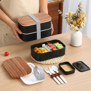 800/1600ml Plastic Japanese Bento Box with Wood Grain Lid Large Capacity Portable Microwavable Lunch Box for Adult Student