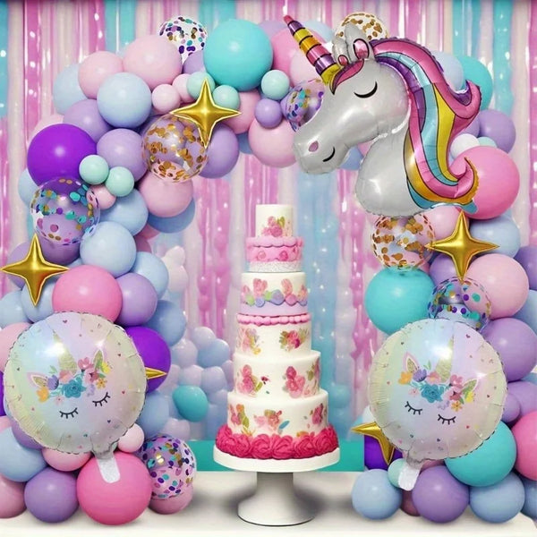 Balloon Arch Set Purple Pink Green White Balloon with Unicorn Aluminum Foil Balloon for Birthday Party Anniversary Party Wedding