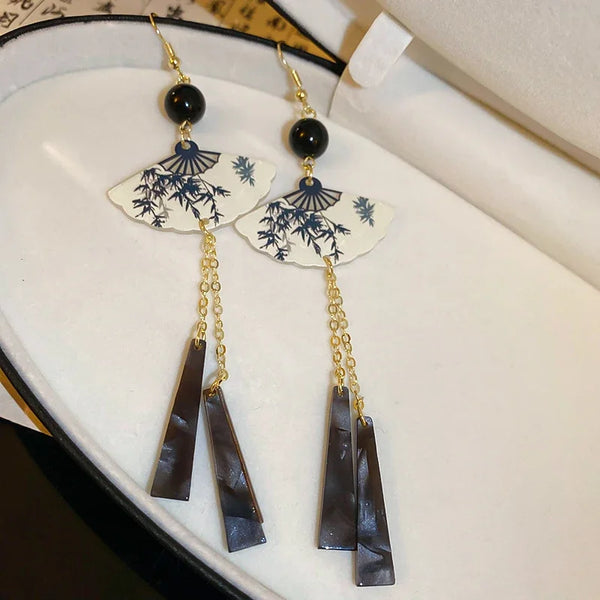 New Chinese Style Fan Bamboo Pendent Round Beaded Long Tassel Dangle Earrings for Women National Tide Premium Jewelry Gift 2024