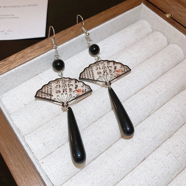 New Chinese Style Fan Bamboo Pendent Round Beaded Long Tassel Dangle Earrings for Women National Tide Premium Jewelry Gift 2024